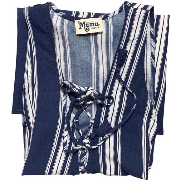 SHOW ME YOUR MUMU Rancho Mirage Tunic Dress Size Medium Lace Up Navy Blue Stripe - Picture 14 of 14